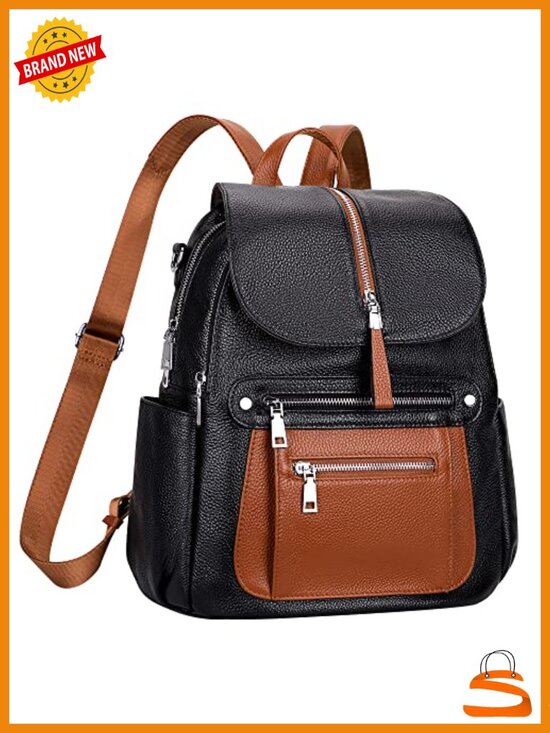 Genuine Leather Backpack Purse with Multi Pockets and Flap